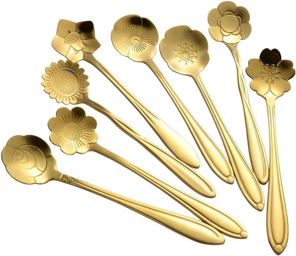 8-teiliges Blumenlöffel-Set, Edelstahl, wie wiederverwendbar Teelöffel, Rührlöffel, Kaffeelöffel, Rührlöffel, Zucker, Dessert, Kuchen, Löffel, Eis Gold Länge: 4,9 Zoll